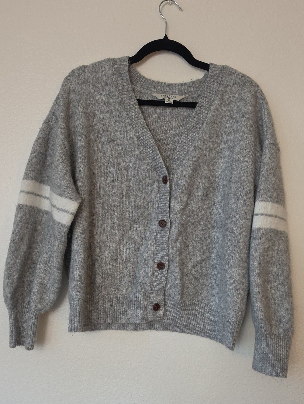 STAUD Gray Button-Front V-Neck Cardigan with White Sleeve Stripes